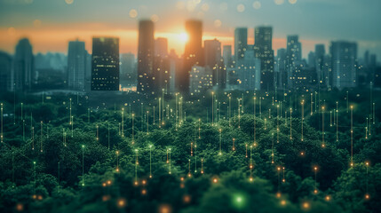 Wall Mural - A city skyline with a bright sun in the background. The city is lit up with lights and the trees are illuminated. Scene is serene and peaceful, with the sun setting in the background