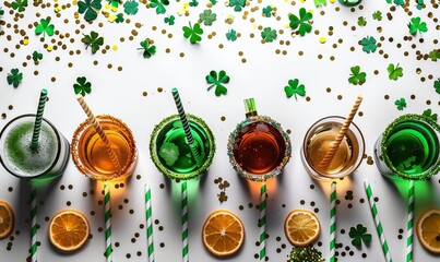 Wall Mural - st patricks day vertical banner template flat lay party eye glasses leprechauns hat shamrock drinking straws confetti on white background