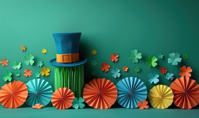 Wall Mural - st patrick s day decorative paper folding fans,leprechauns hat on green background saint patrick s day holiday banner