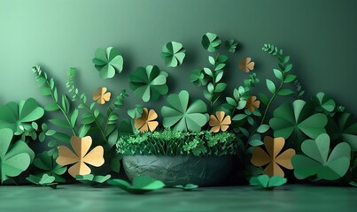 Wall Mural - st patrick s day banner template green background,paper folding fans leprechauns clover leaves pot of gold