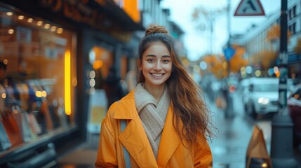 Canvas Print - Beautiful woman, very big smile, shopping fashion, use orange business outfit. Generative AI.