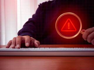 virus alert. red triangle icon, system hacked error sign, malware, attention danger symbol warning s