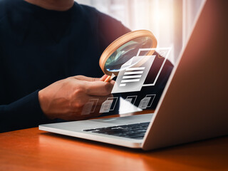electronic document check and data information searching online, files manager concept. the right do
