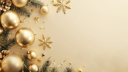 Merry Christmas and New Year. Christmas design. Fir branches, shiny gold balls, confetti and baubles. Christmas background. Festive composition