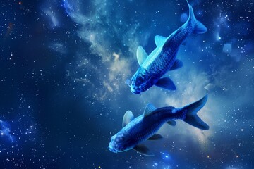 Pisces Zodiac Sign, Fish Horoscope Symbol, Two Magic Astrology Fishes, Pisces in Fantastic Night Sky