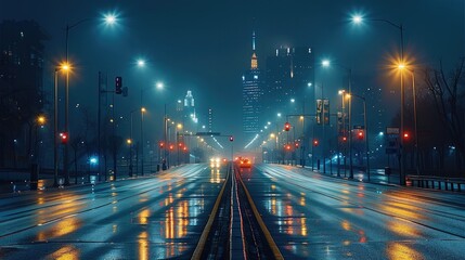 Aufkleber - Extended roadway, street lights beside the road, energetic city nightlife. Generative AI.