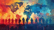 © khonkangrua - Silhouetted soldiers stand against a vibrant world map mural, emphasizing military presence and global impact.