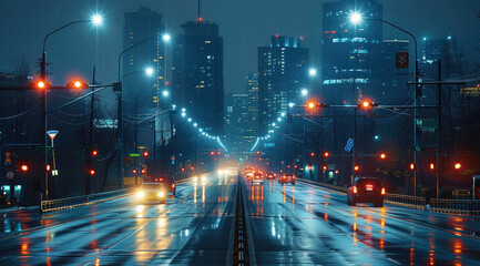 Aufkleber - Extended roadway, street lights beside the road, energetic city nightlife. Generative AI.