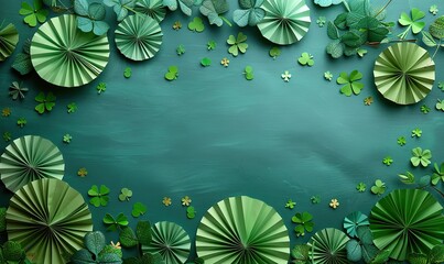 Canvas Print - st patricks day background,green folding paper fans,shamrock confetti flat lay top view copy space