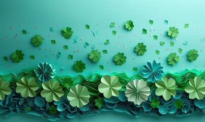 Canvas Print - st patricks day background,green folding paper fans,shamrock confetti flat lay top view copy space