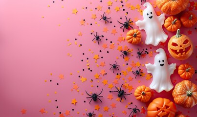 Wall Mural - happy halloween concept flat lay composition,cute ghosts orange pumpkins spiders confetti on pink background top view copy space