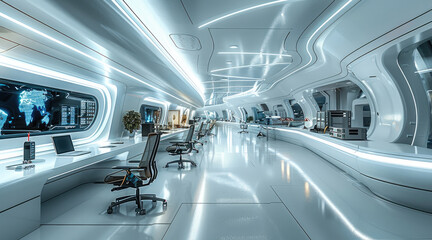 Poster - A sleek IT department with high-tech workstations, cable management systems, and a futuristic design, emphasizing efficiency and innovation. Generative AI.