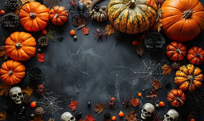 Wall Mural - halloween flat lay composition,cute decorations spiders webs ghosts skeleton hands,skull happy halloween banner mockup