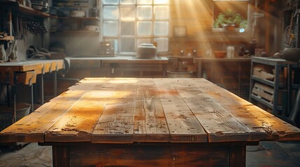 Poster - Rustic Wooden Tabletop in a Workshop