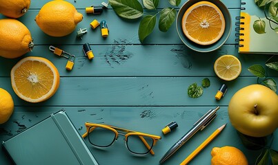 Canvas Print - yellow school stationery on green background back to school creative layout template,copy space flat lay top view overhead