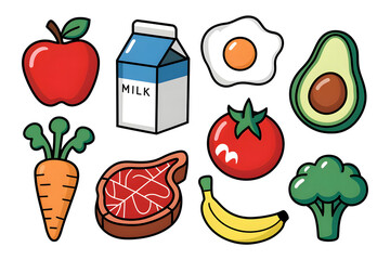 Colorful Cartoon Grocery Collection: Fresh Fruits, Vegetables, Milk, and Meat Icons