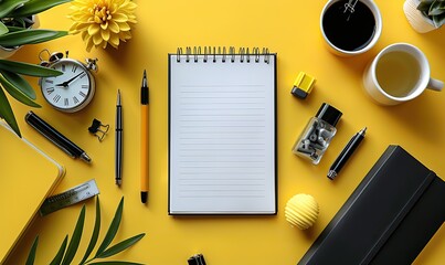 blank paper notepad,school stationery on yellow table top view back to school concept