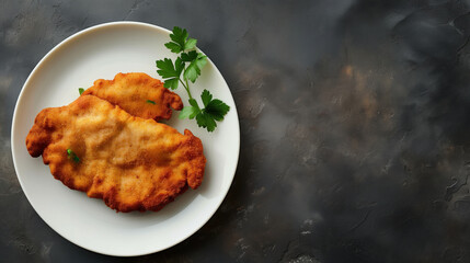 Poster - Two pieces of breaded and fried meat garnished with parsley on a white plate, placed on a dark textured background.