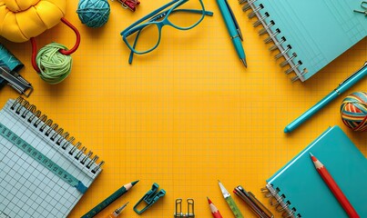 back to school concept schools supplies on yellow background top view flat lay notepad scissors sticky clips pen ruler