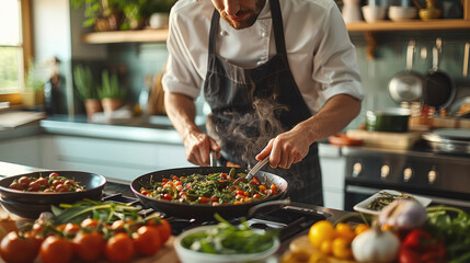 Wall Mural - A modern home kitchen with state-of-the-art appliances, fresh ingredients, and a chef preparing a gourmet meal. Generative AI.