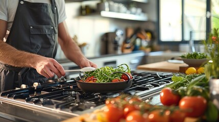 Wall Mural - A modern home kitchen with state-of-the-art appliances, fresh ingredients, and a chef preparing a gourmet meal. Generative AI.