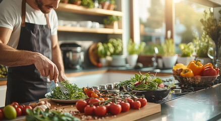 Wall Mural - A modern home kitchen with state-of-the-art appliances, fresh ingredients, and a chef preparing a gourmet meal. Generative AI.