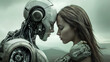 © mozZz - Cyborg robot and woman hugging together, futuristic cyber loving couple, romance with artificial intelligence