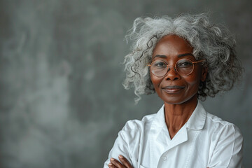 Elderly black female doctor in white professional clothes, gray hair pulled back, woman smiling and looking at camera, light gray concrete background