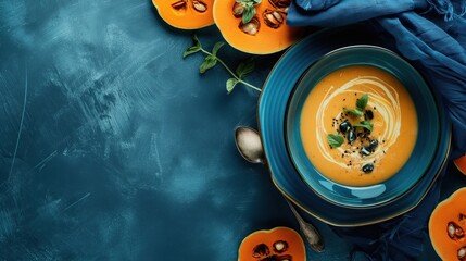 Wall Mural - Bowl of pumpkin soup with garnish on blue surface, surrounded by halved pumpkins, fabric, and vintage spoons.