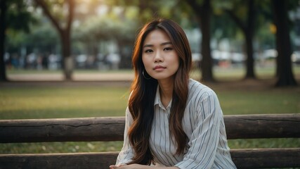 Wall Mural - young beautiful asian woman sitting portrait on the park background