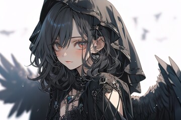 pretty dark gothic angel girl with black wings in anime style