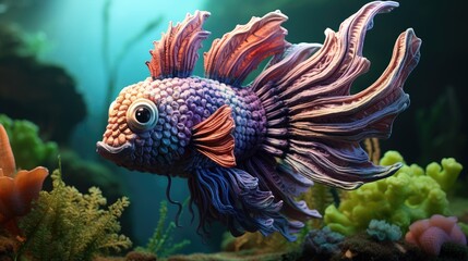 Wall Mural - Crocheted lionfish toy vibrant backdrop, handcrafted and adorable, Ai Generated  