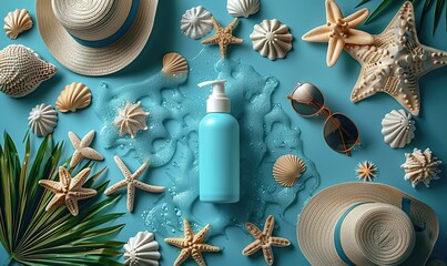 Canvas Print - flat lay sunscreen lotion bottle mockup for kids,babies sunglasses panama hat towel sand molds on blue background sun safety infant sun protection concept