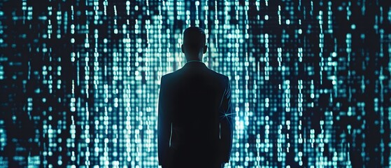 Silhouette of a person standing in front of a wall of digital code.