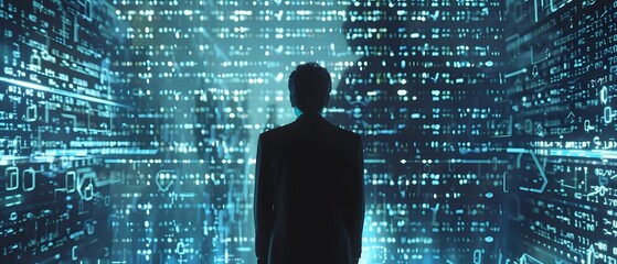 Silhouette of a person standing before a wall of digital code.