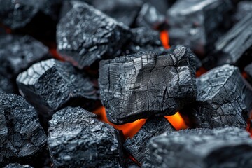 Close-up of burning charcoal in fire pit, red embers glowing under black charcoal