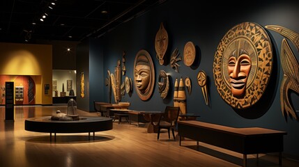 Museum exhibit of African art featuring masks and carvings