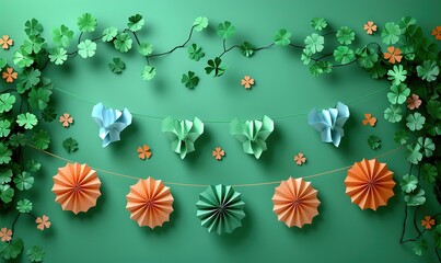 Canvas Print - st patrick s day banner template cover greeting card mockup folding paper fans decorations,clover leaves confetti on green background