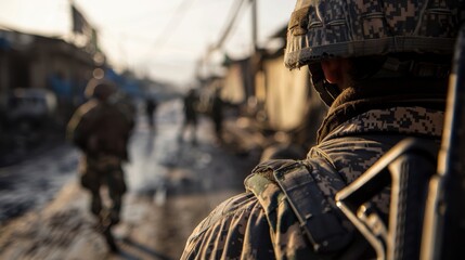 Canvas Print - A soldier decked in full camouflage and protective gear, moving through rough, war-torn terrain. This image embodies survival, readiness, and the harsh realities of conflict.