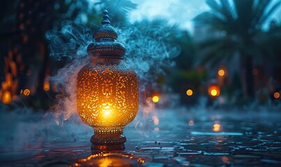 Wall Mural - ramadan kareem greeting card arabic lantern glowing at night on table,smoke eid mubarak muslim holy month concept