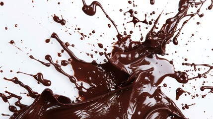 Abstract chocolate splatters artistically across a white background, creating a dynamic and enticing poster.