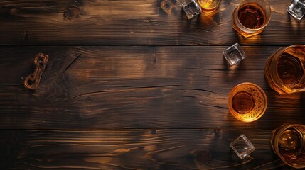 Wall Mural - Rustic wooden table with glasses of whiskey or bourbon, scattered ice cubes, and a bottle opener