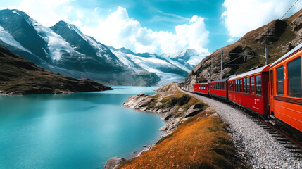 Wall Mural - Red train traveling along a lake with snow-capped mountains in the background under a partly cloudy sky.