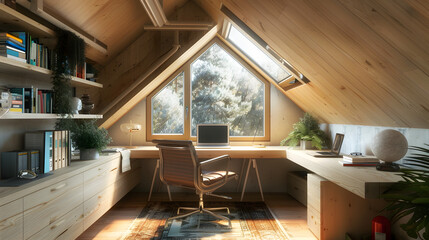 Canvas Print - Attic office, interior designer's office, small windows, slanted ceilings