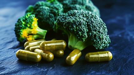 Wall Mural - Close-up image of fresh broccoli florets and green dietary supplement capsules on a dark surface.