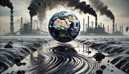 Wall Mural - Floating Globe Above Polluted Black Stream