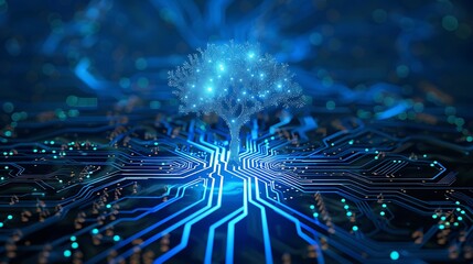 Wall Mural - trees grow at the convergence point of computer circuit boards with blue light wire frame network te
