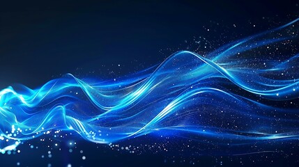 Wall Mural - Flowing blue light waves with sparkles on a dark background