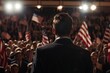 © ActionGP - Politician delivering a powerful speech at a rally with a crowd of supporters waving American flags. Generated AI