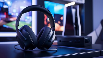 Black standard headphones and game console in the background on a background. 3d rendering